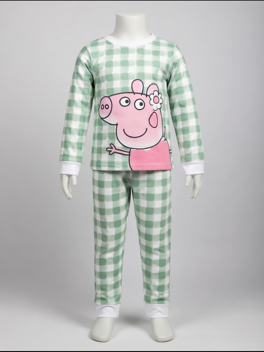 Peppa Pig Green Gingham Pajama Set With Pink Character